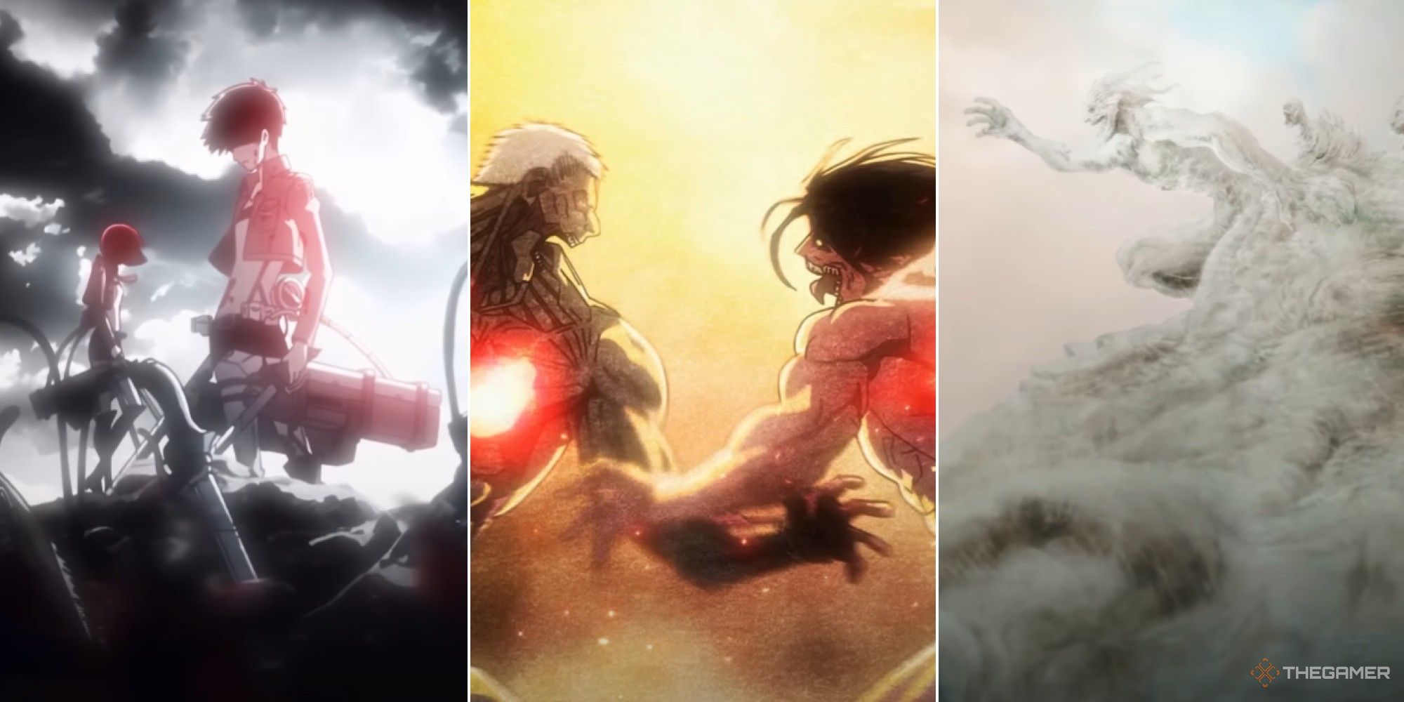 attack on titan collage showing moments from opening movies with the main cast eren punching reiner and eren on top of a mountain