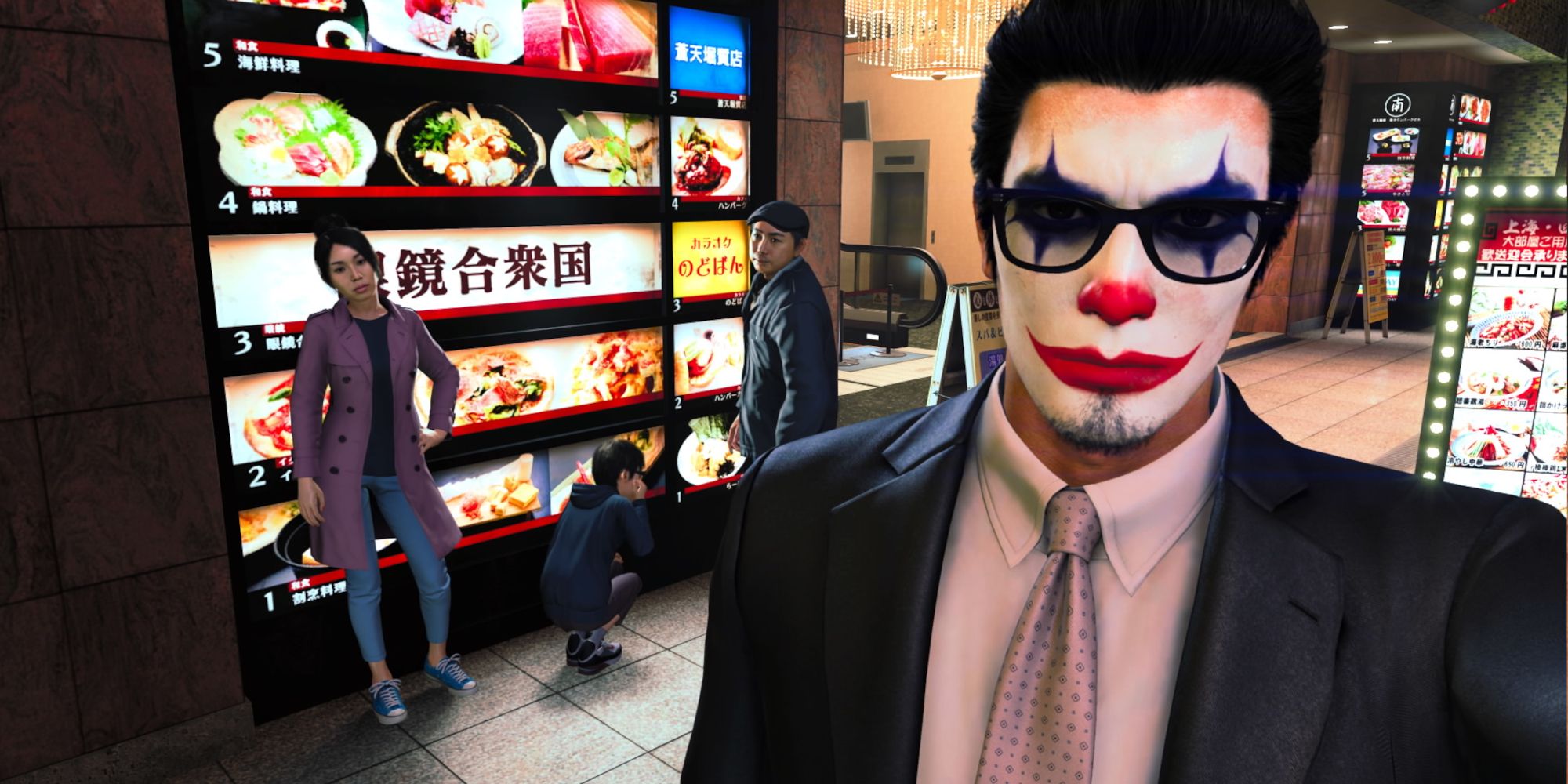 like a dragon gaiden turn that frown upside down clown kiryu taking a selfie with a family while wearing clown makeup