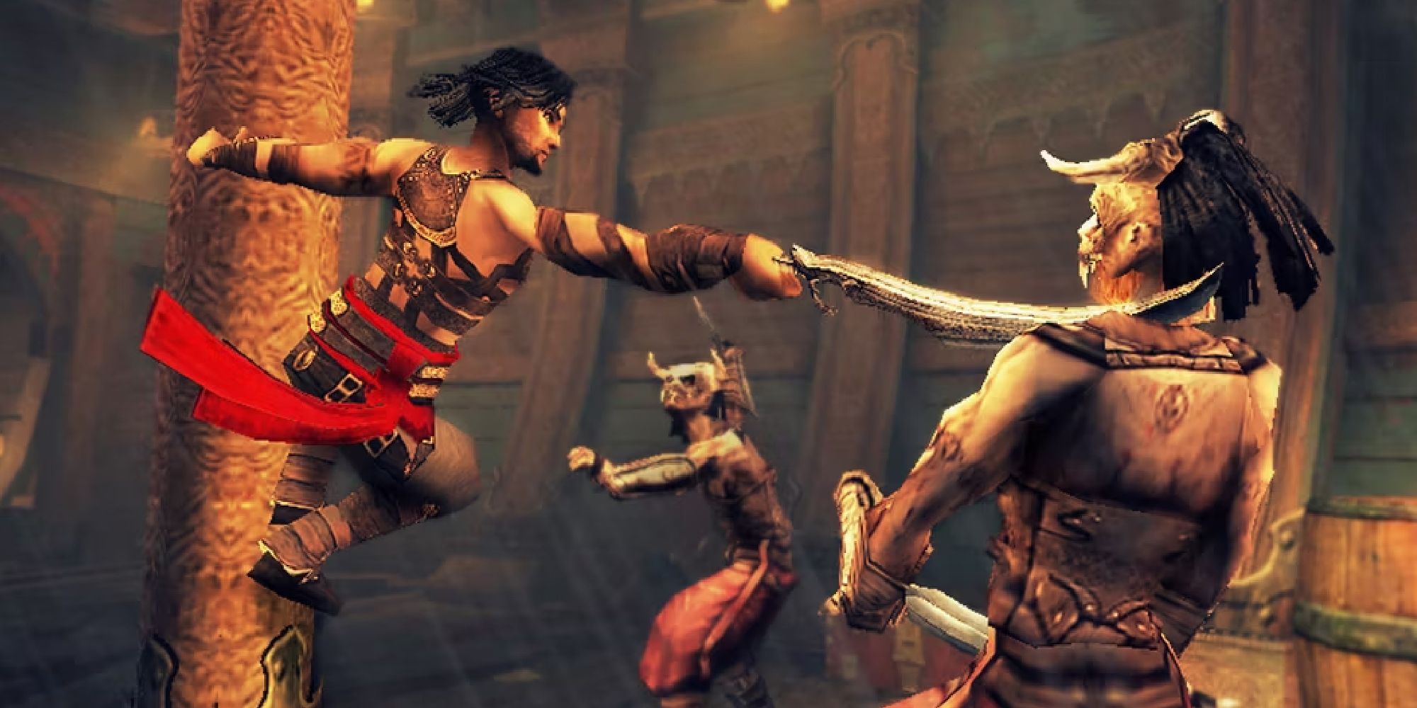 prince of persia warrior within screenshot of the prince hanging onto a pole in the bowels of a ship while attacking two enemies with his sword