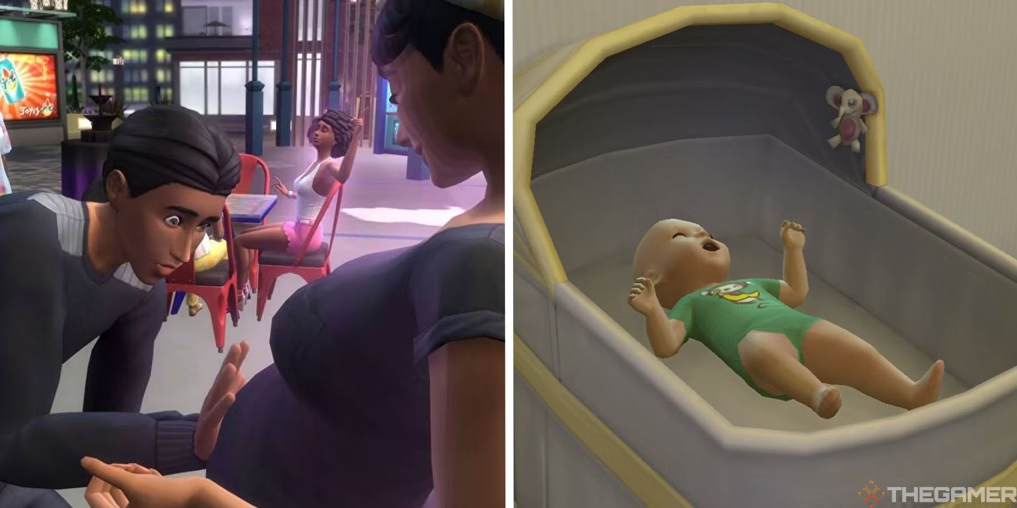 sims 4 person touching a pregnant sims stomach next to image of baby in crib