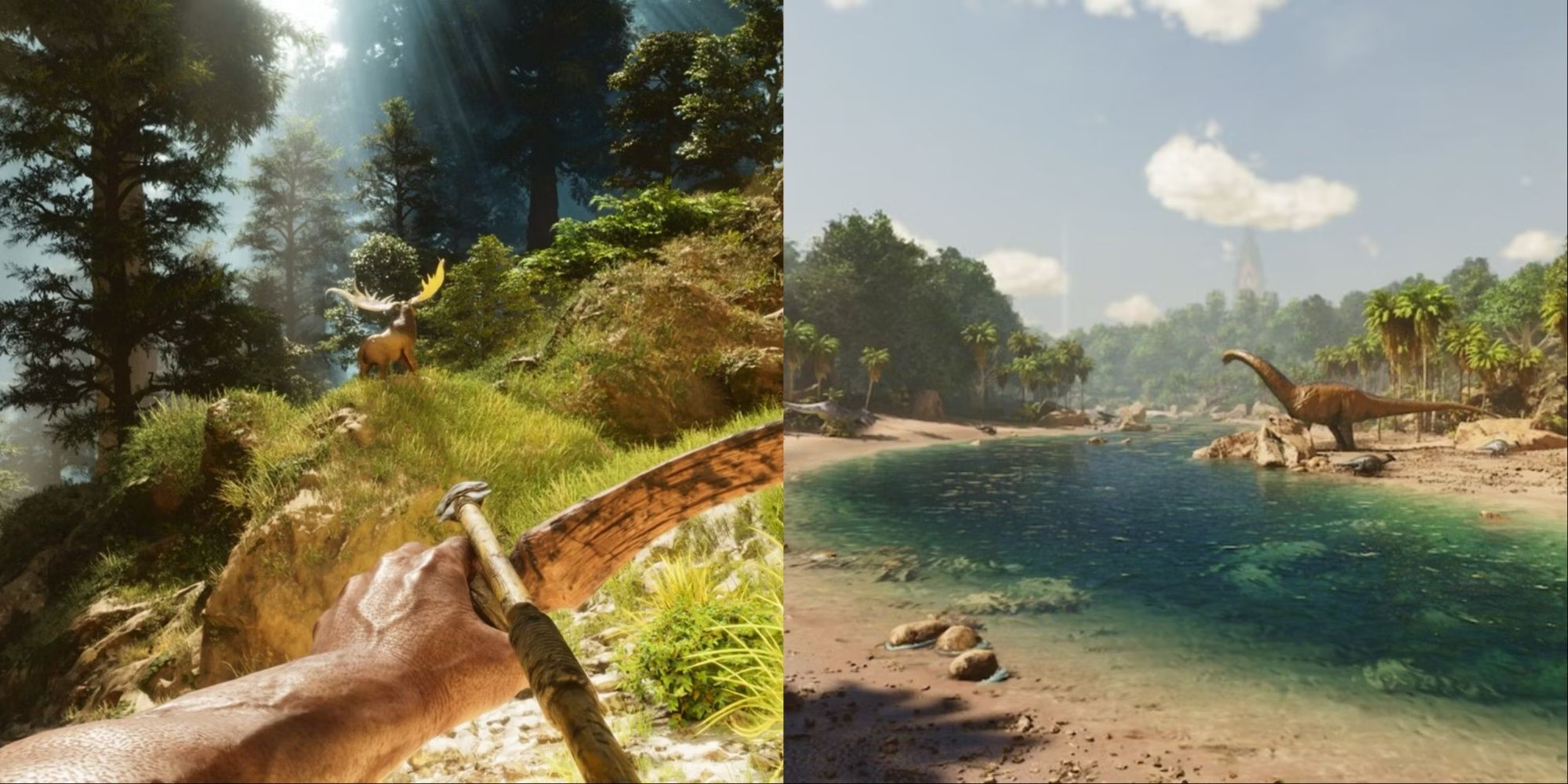 split image hunting in the forest looking out across river and dense jungle with dinosaur ark survival ascended 1