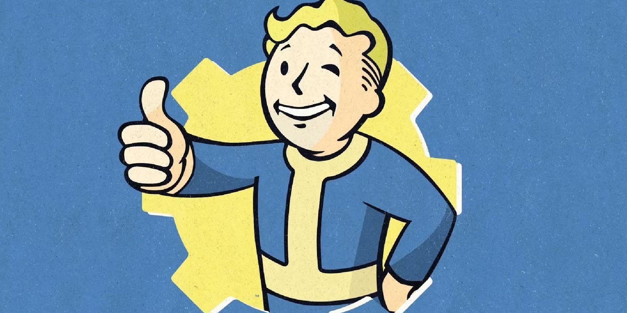 vault boy from fallout with his thumb up over a blue background and yellow vault