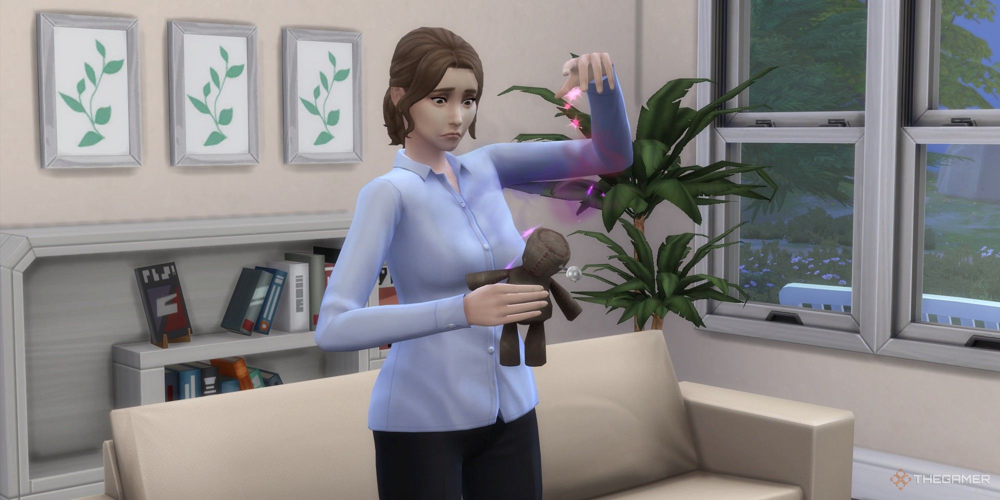 a female sim using a voodoo doll in the living room sims 4 voodoo doll ts4