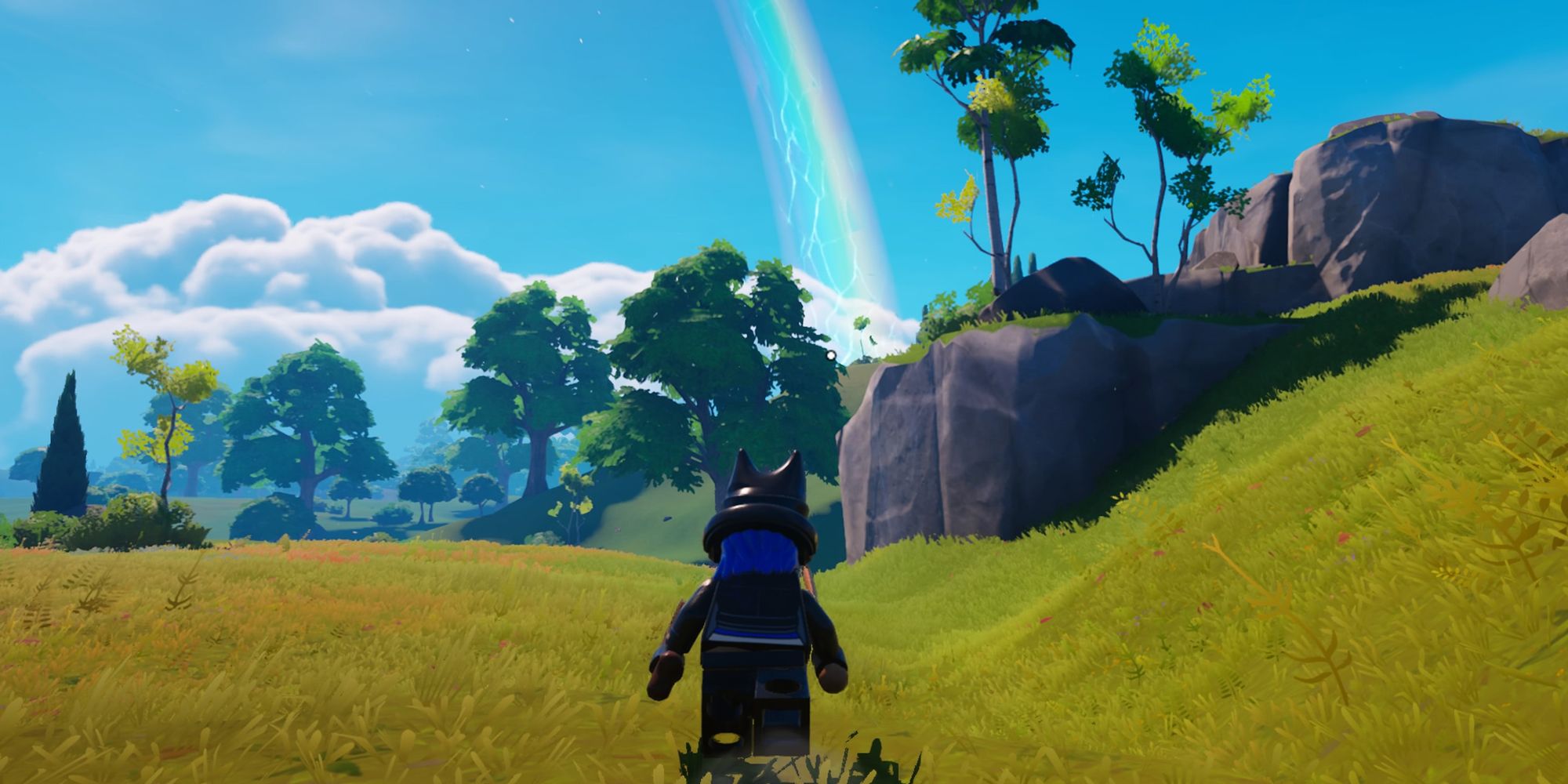a player running towards a rainbow in lego fortnite