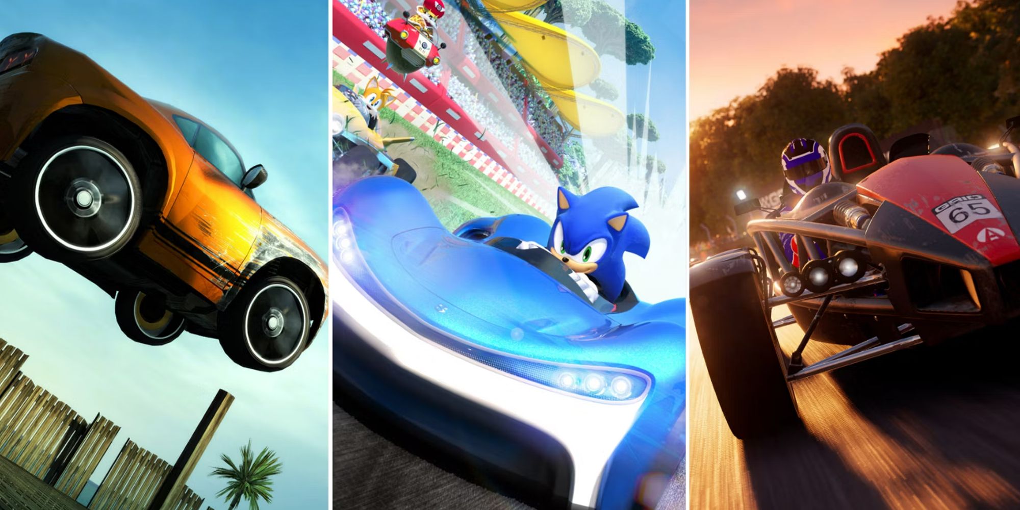 a split image depicting scenes from racing games like team sonic racing and project cars 1