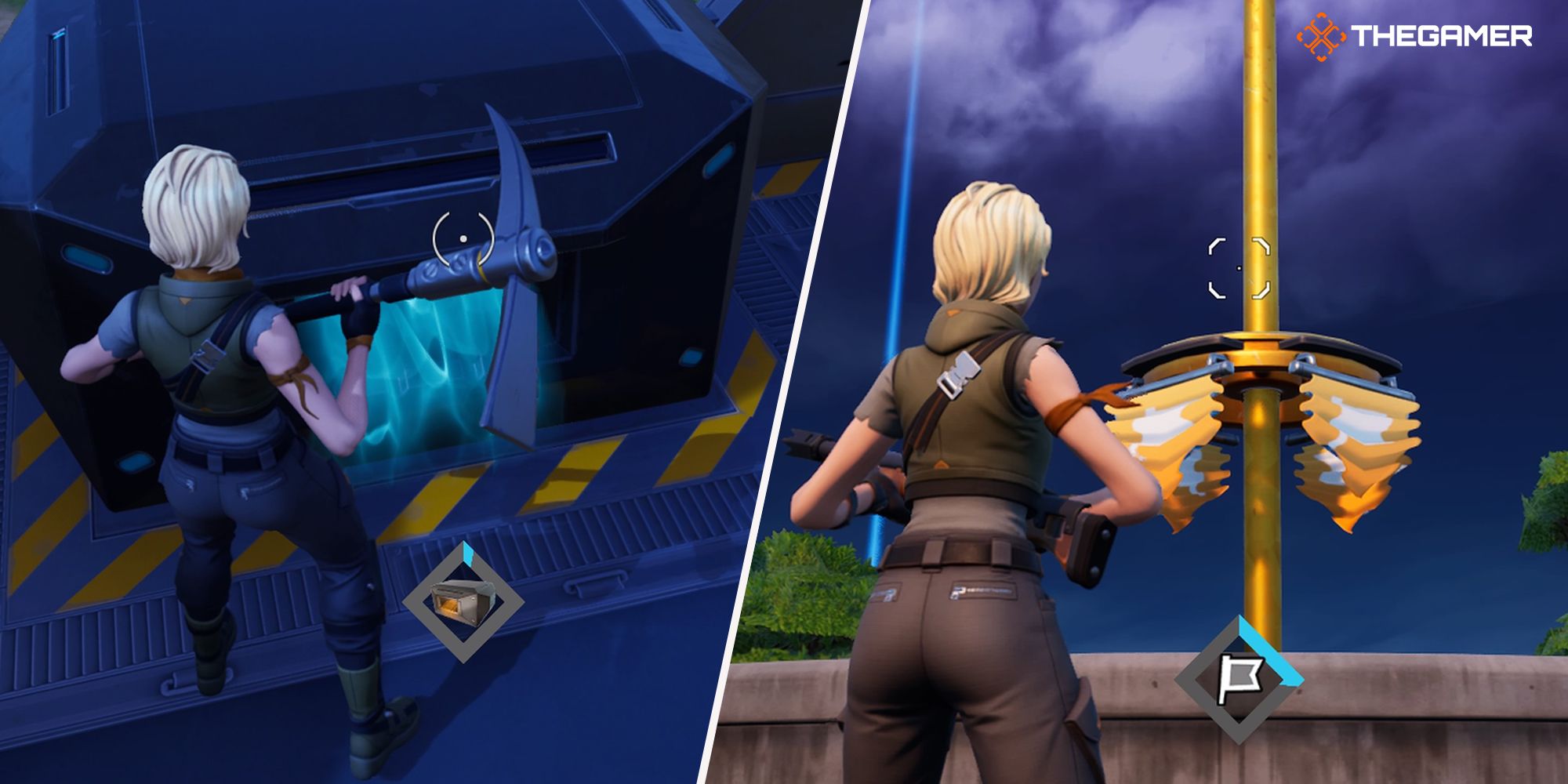 a split image of a player beside a chest and a capture point in fortnite
