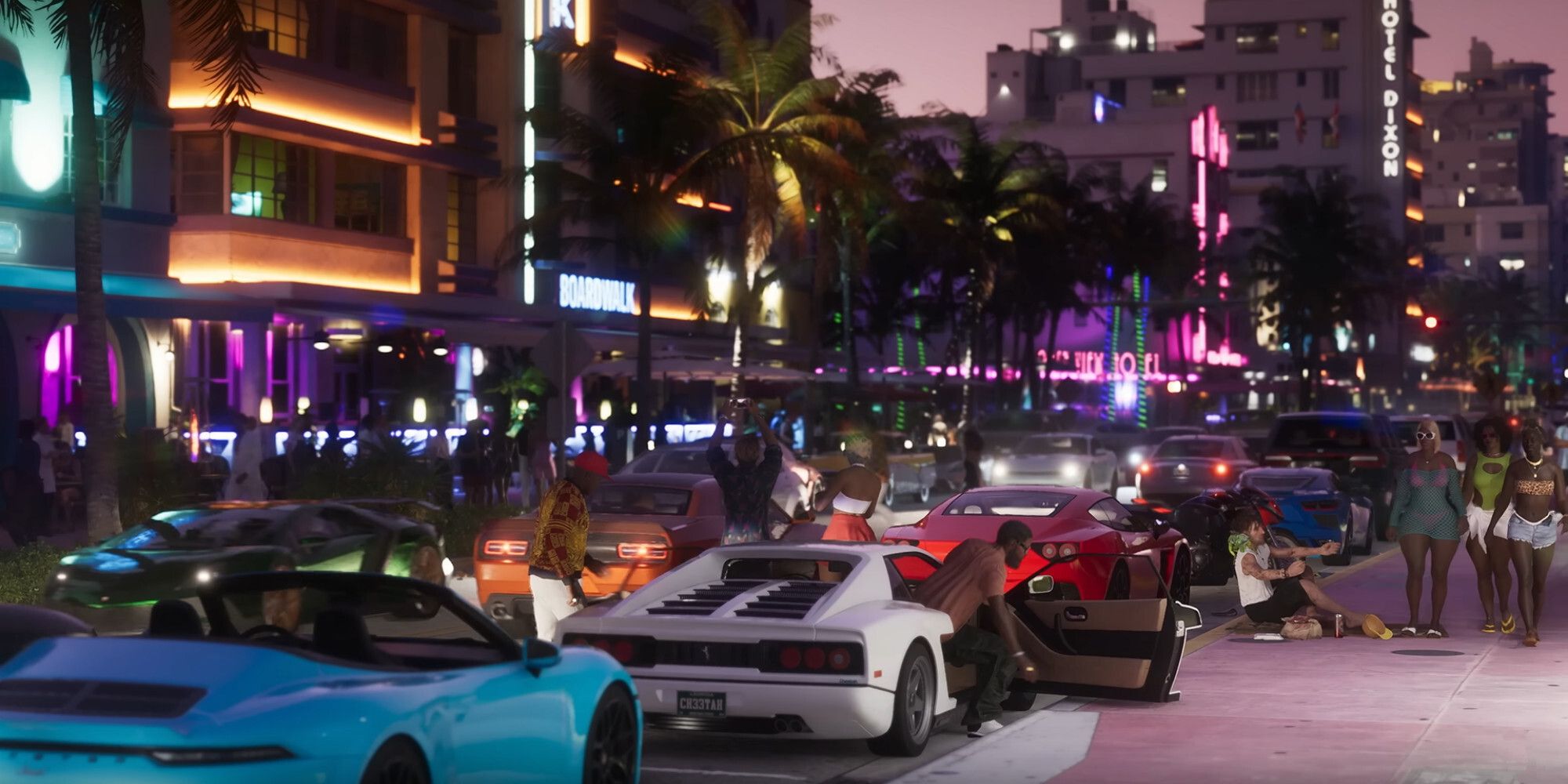 a street full of cars and people at night in gta 6