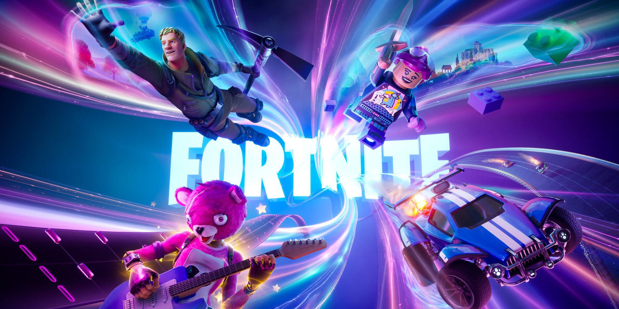 chapter 4 season 1 key artwork for fortnite showing three characyers and a car