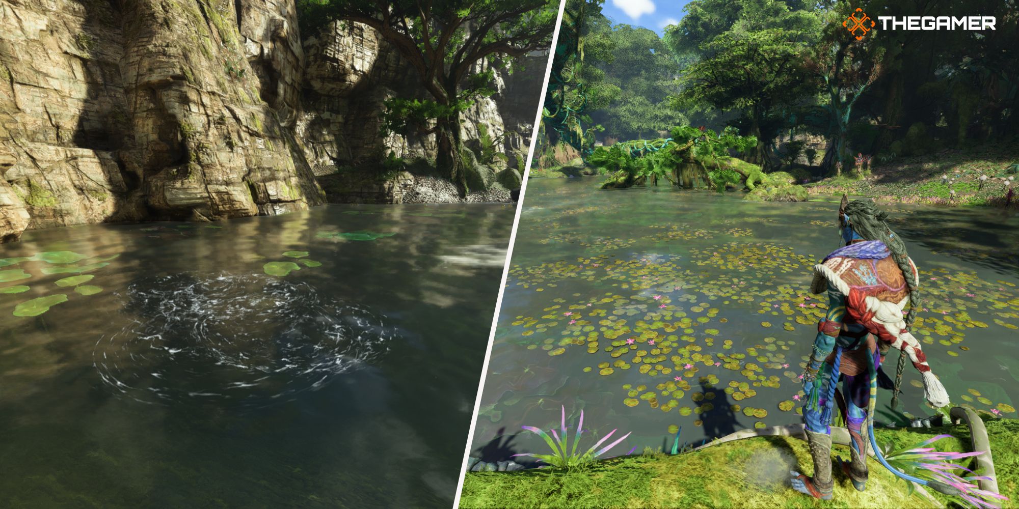 left a picture of a fishing spot right player standing on a branch near a lake avatar frontiers of pandora