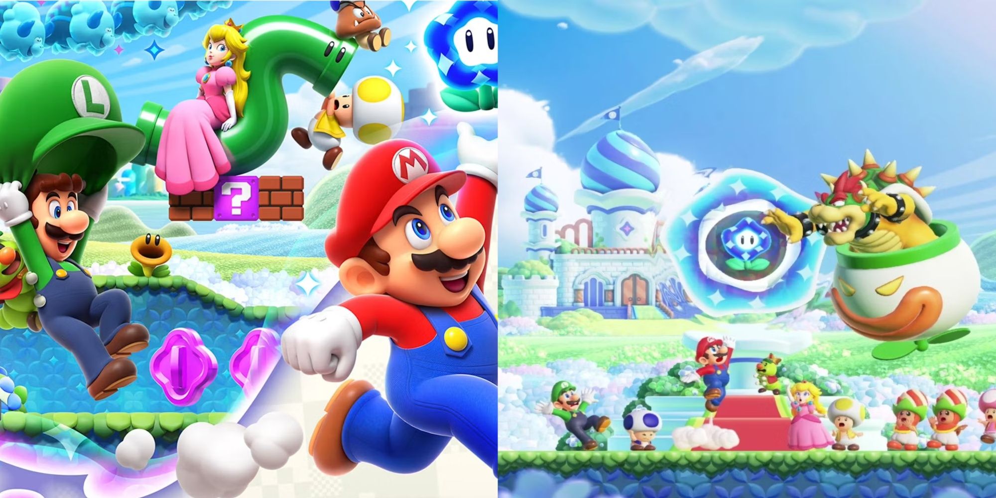 mario and friends in mario wonder on both the cover art and in game with bowser and a wonder flower