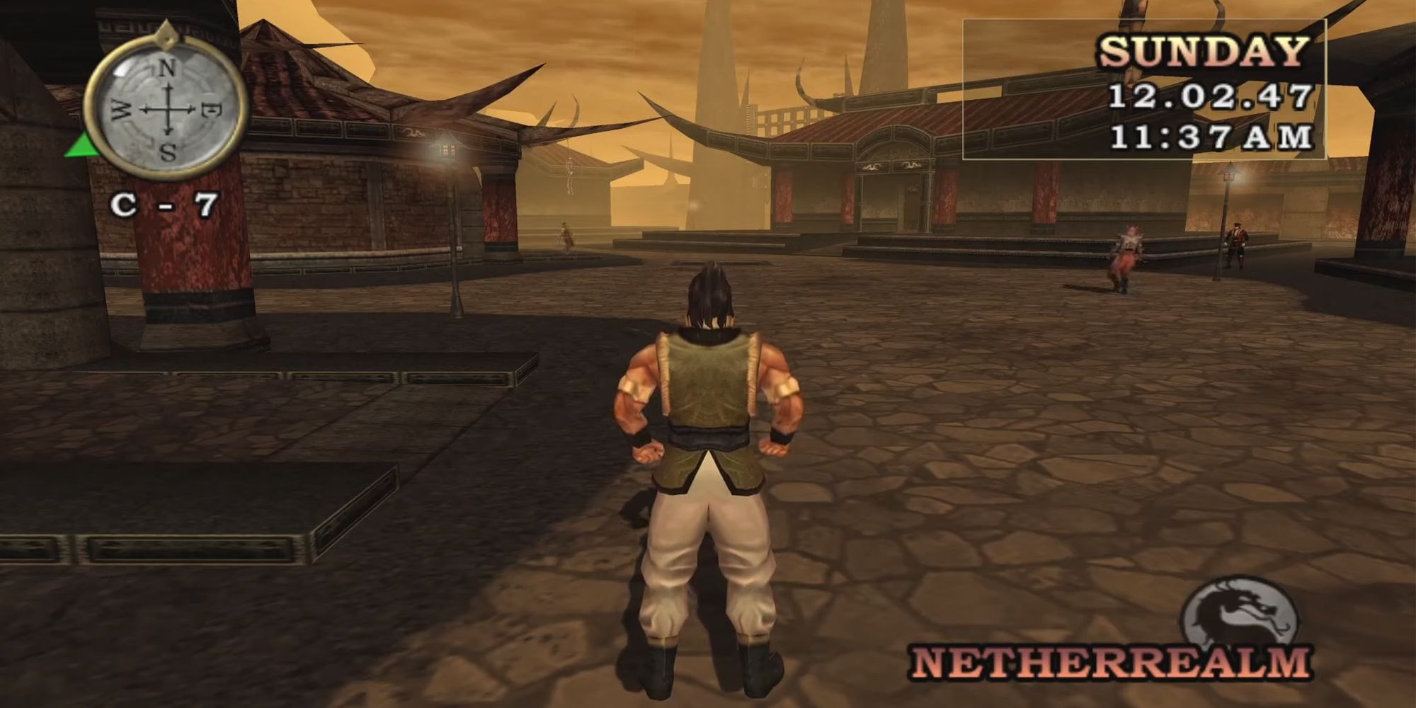mortal kombat deception screenshot of the netherrealm in konquest mode with extended draw distance allowing the player to see more buildings in the distance