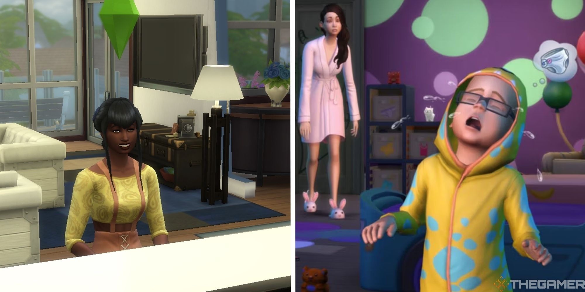 sims 4 split image showing sim sitting at counter while smiling next to image of toddler crying in room with adult in background