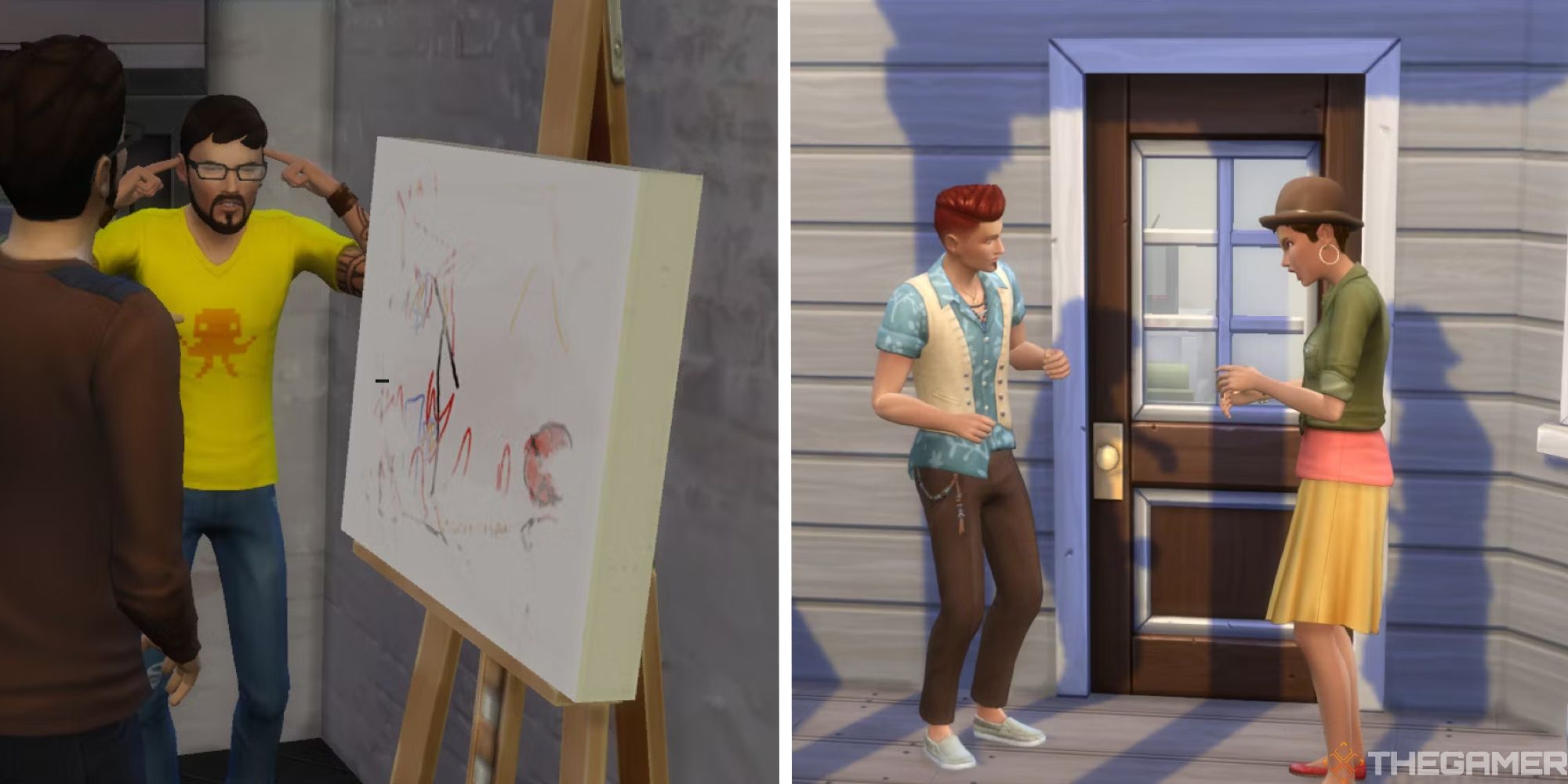 sims 4 split image showing two couples arguing