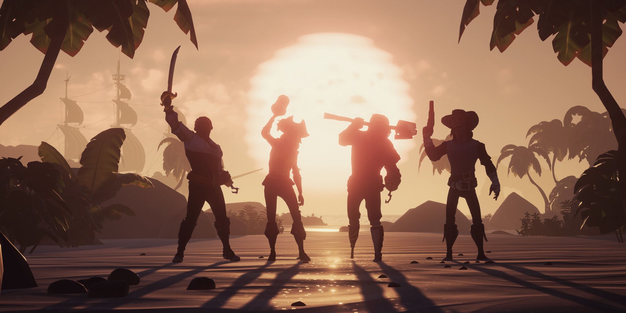 the silhouette of four pirates as they raise their sworsd and grog mugs to the air as the sun sets in sea of thieves