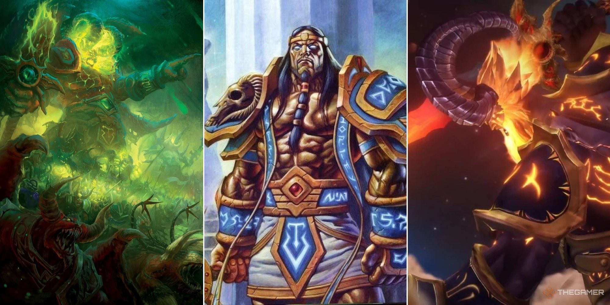 world of warcraft collage showing sargeras as a titan and as a fel titan leading his armies